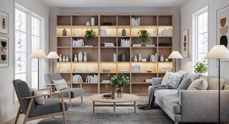 A well-lit living room showcases gray sofas, armchairs, a round coffee table, and a large...の写真素材