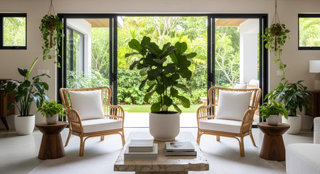Leaf showing sunlit living room with rattan chairs and fiddle leaf fig plant. resolution...の写真素材