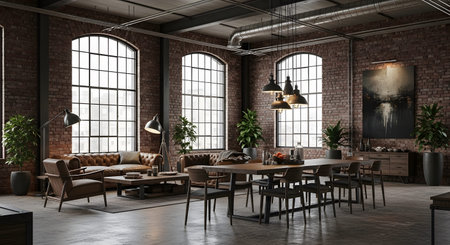 Brick showing spacious industrial loft living and dining area with leather sofas and brick...