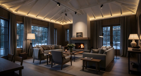 Inviting showing warm and inviting rustic living room with a roaring fireplace and snowy forest...