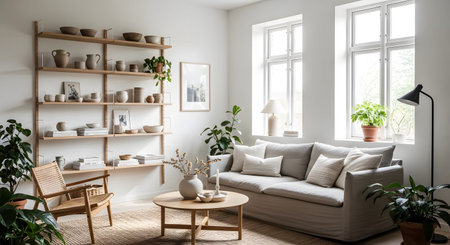 showing scandinavian living room with natural wood shelves, grey sofa, rattan chair, and...の写真素材