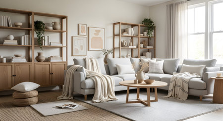A bright living room with a light grey sectional sofa, wooden shelving units, and a round wooden...