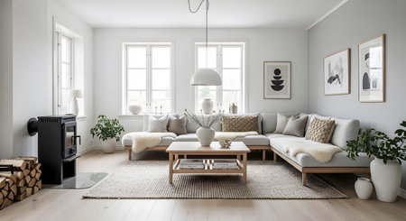 A bright Scandinavian living room a light grey sectional sofa, a wooden coffee table, and a...の写真素材