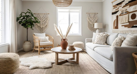Hangings showing bohemian living room with rattan chair macrame wall hangings and natural...