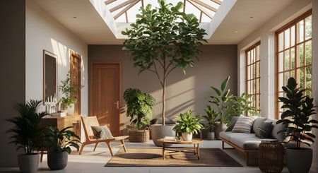 Natural showing bright sunroom filled with lush green plants and natural light from a skylight.の写真素材