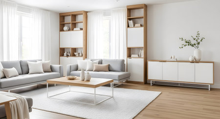 A spacious living room with light grey sofas, light wood shelving units, and a large white rug.