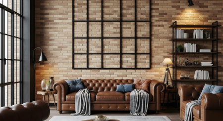 Throws showing chesterfield sofa with blue cushions and throws next to industrial shelving unit....の写真素材