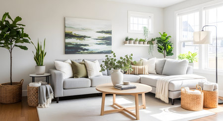 A warm and inviting living room with a grey sectional sofa, wooden coffee table, and an...