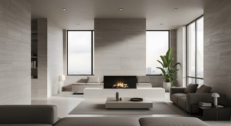 Windows showing contemporary living room with fireplace and city view windows. resolution...