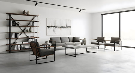A contemporary living room showcases a grey sofa, a wooden bookshelf, and abstract on a white wall.