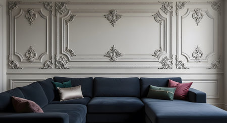 Dark showing dark blue sectional sofa with decorative pillows against ornate grey wall paneling....