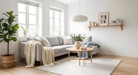 A cozy Scandinavian living room with a grey sectional sofa, light wood coffee table, plants, and...