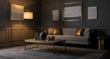 Dark showing dark grey modern living room with tufted sofa gold accent pillows and marble coffee...