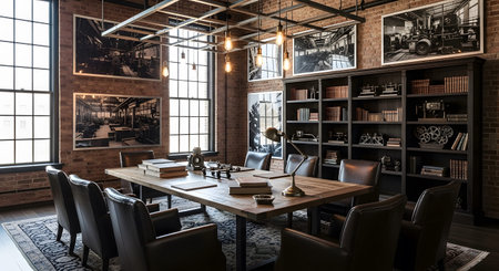 (267) showing industrial style boardroom with large wooden table and leather chairs and brick...の写真素材