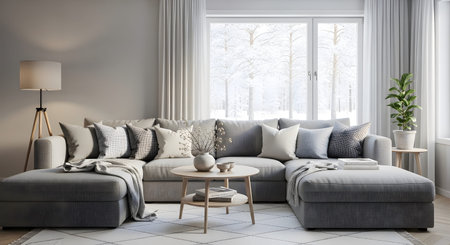 A cozy grey sectional sofa is in a living room with a window showing a snowy winter landscape.