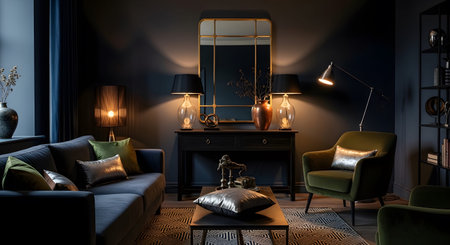 A dark, moody living room a plush blue sofa, a green armchair, and a gold-accented mirror.