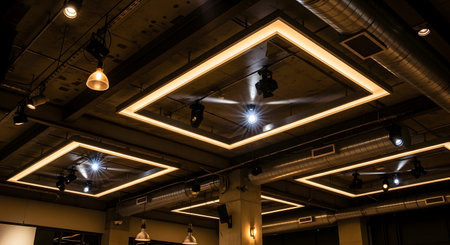Pipes showing industrial ceiling with exposed pipes square light fixtures and spotlights.