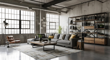Windows showing expansive loft with industrial windows and a large sectional sofa with leather...の写真素材