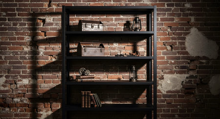 An industrial black metal shelving unit vintage like toolboxes, lanterns, gears, and books...