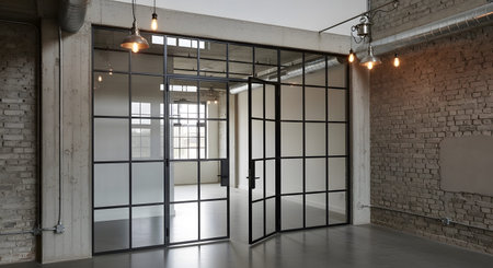 Interior showing industrial loft interior with concrete columns exposed brick and large glass...