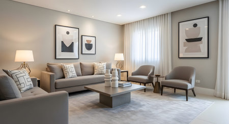 Armchairs showing living room with grey sofas, abstract and modern furniture in neutral tones...