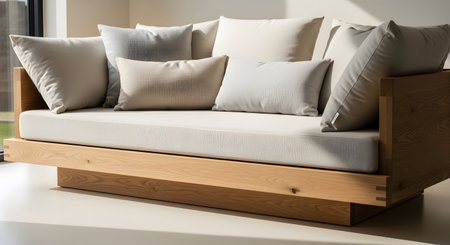 Wood showing minimalist light wood daybed with cream and gray cushions and pillows.