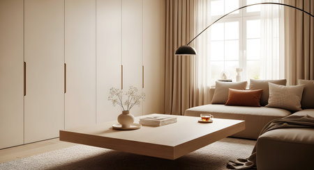 A bright, minimalist living room a large beige sectional sofa and a floating wooden coffee table.