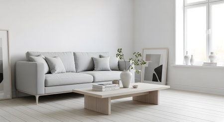 (126) showing minimalist living room with light grey sofa and wooden coffee table.