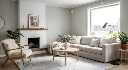 Sofa showing cozy living room with a white brick fireplace, light gray sectional sofa, and a...