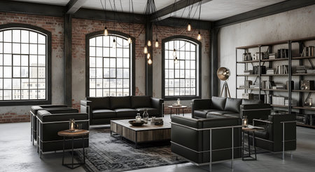Black showing modern industrial loft interior with black leather furniture. resolution...の写真素材