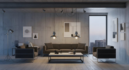 (776) showing modern industrial living room with concrete walls and dark furniture and pendant...