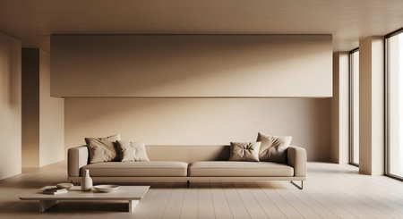 Sofa showing modern living room with beige sofa, coffee table, and large windows.