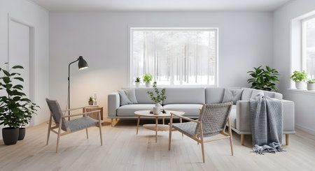 Modern showing modern scandinavian living room with sectional sofa and winter forest view.
