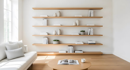 Floating showing modern living room with a white sofa, round coffee table, and a wall of light...