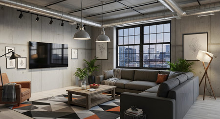 Windows showing modern loft living room with concrete walls large windows and a sectional sofa....の写真素材