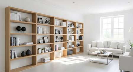Wood showing spacious modern living room with a large light wood bookshelf filled with books and...の写真素材