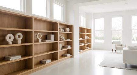 Spacious showing spacious interior with large wooden bookshelves and natural light.