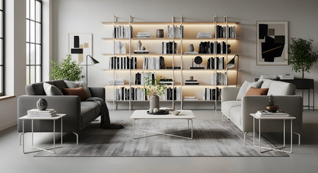 A modern living room a large, illuminated bookshelf filled with books and decor...の写真素材