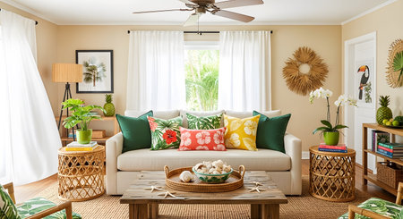 A bright tropical living room a white sofa, rattan furniture, and vibrant palm leaf patterned...の写真素材
