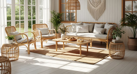 Natural showing sunlit rattan living room with natural textures and plants. resolution...