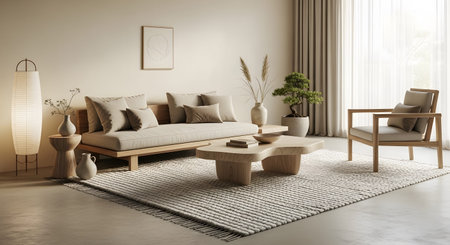 A minimalist living room with a light wood sofa, armchair, and coffee table on a textured rug.