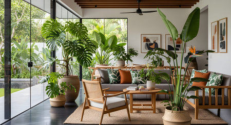 A tropical modern living room featuring abundant green plants, natural wood furniture, and large...