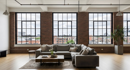 A spacious loft living area with a gray sectional sofa, large grid windows, and an exposed brick...