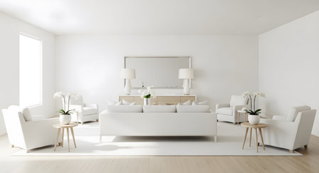A spacious, bright living room white furniture, orchid plants, and a large mirror....