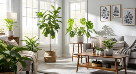 A bright living room a sofa, coffee table, and numerous lush green potted plants near large windows.