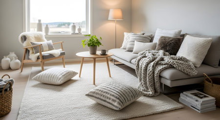 Textured showing bright scandinavian living room with gray sofa and textured cushions and...