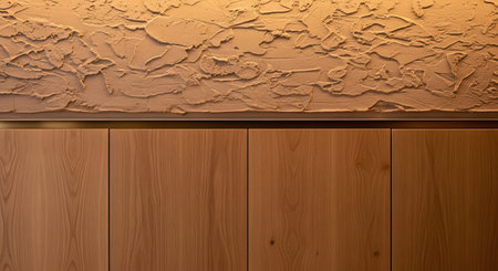 Wooden showing close-up of textured plaster wall above wooden cabinet doors with brass trim....
