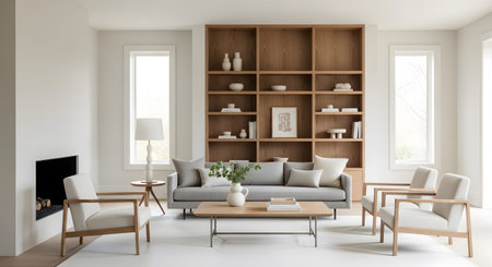Living room showing contemporary living room with a large wooden bookshelf, grey sofa, and...の写真素材