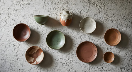 (390) showing collection of rustic ceramic pottery bowls and vases on textured wall.