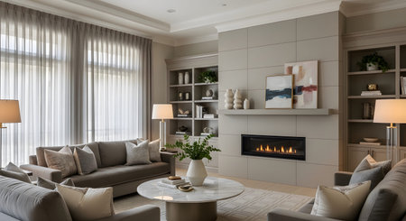 A contemporary living room a fireplace, built-in shelves, and comfortable sofas....